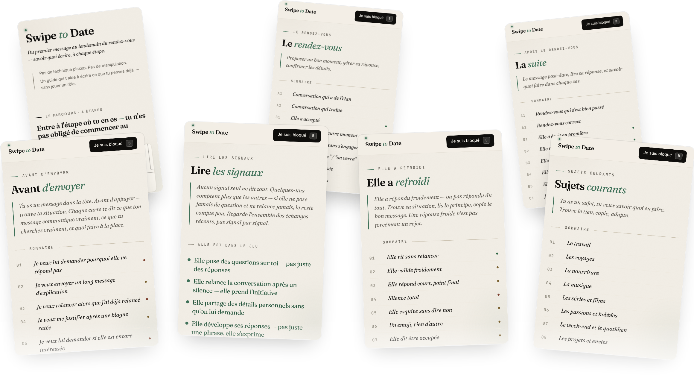 Tout le contenu de Swipe to Date étalé : premiers messages, échange froid, checklist avant d’envoyer, lire les signaux, sujets et suite de l’échange