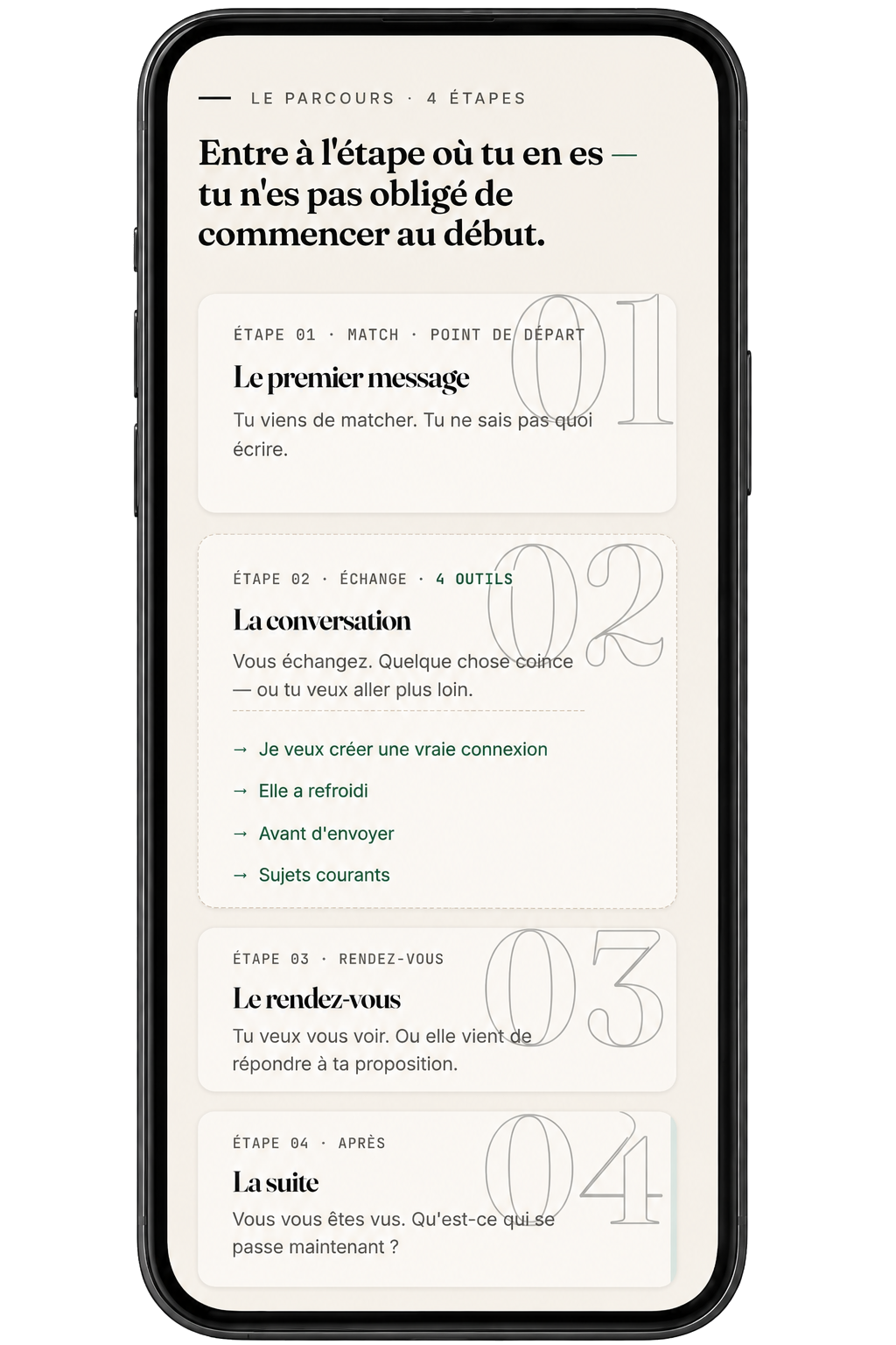 L'écran d'accueil de Swipe to Date : entre à l'étape où tu en es