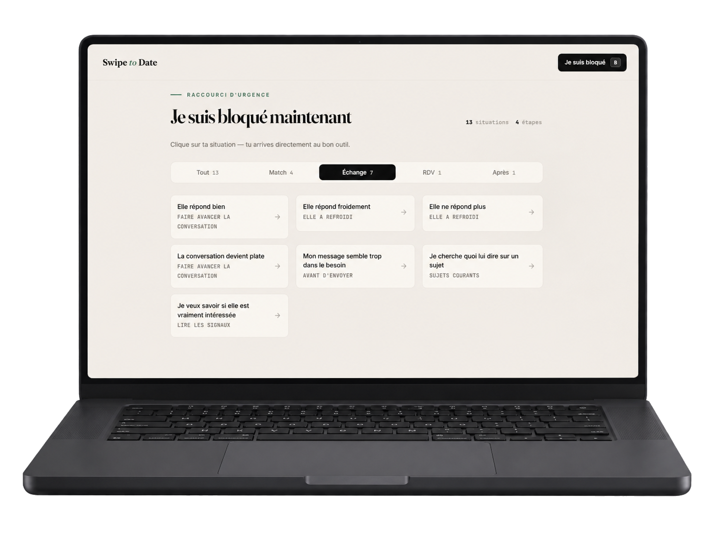 Swipe to Date sur ordinateur : la grille « Je suis bloqué maintenant », 13 situations en 4 étapes